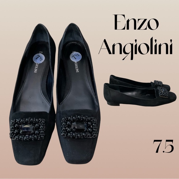 Enzo Angiolini Black Suede Flats 7.5 Comfort Beaded Square Toe Everyday Dress - Picture 1 of 8